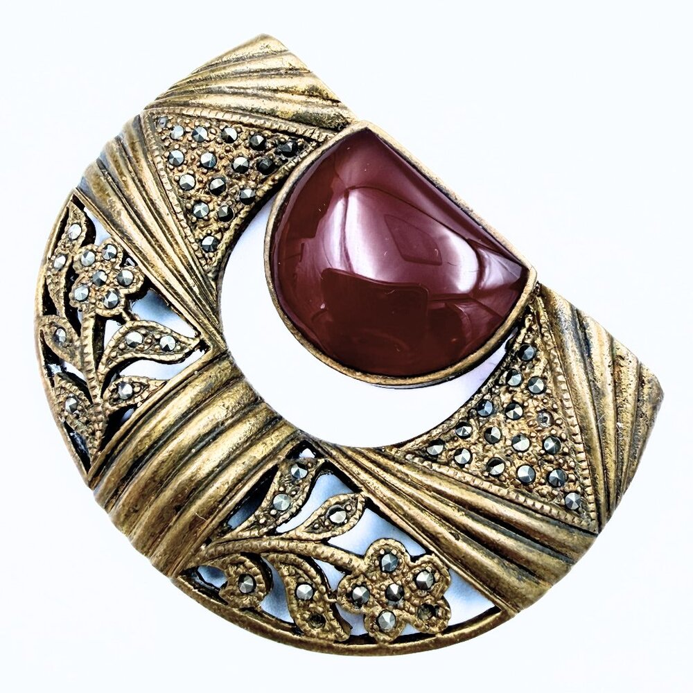 Antique Arts & Crafts Half Moon Cut Out Gold Tone Carnelian Marcasite Brooch